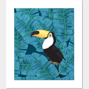 Toucan and banana leaves in blue Posters and Art